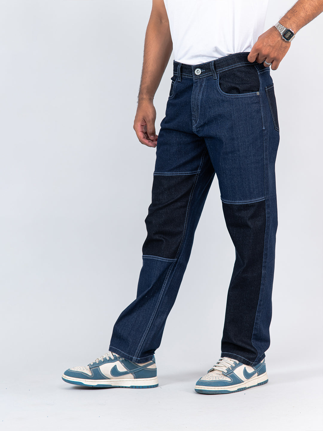 Navy Blue Colour Block Straight Fit Denim Jeans