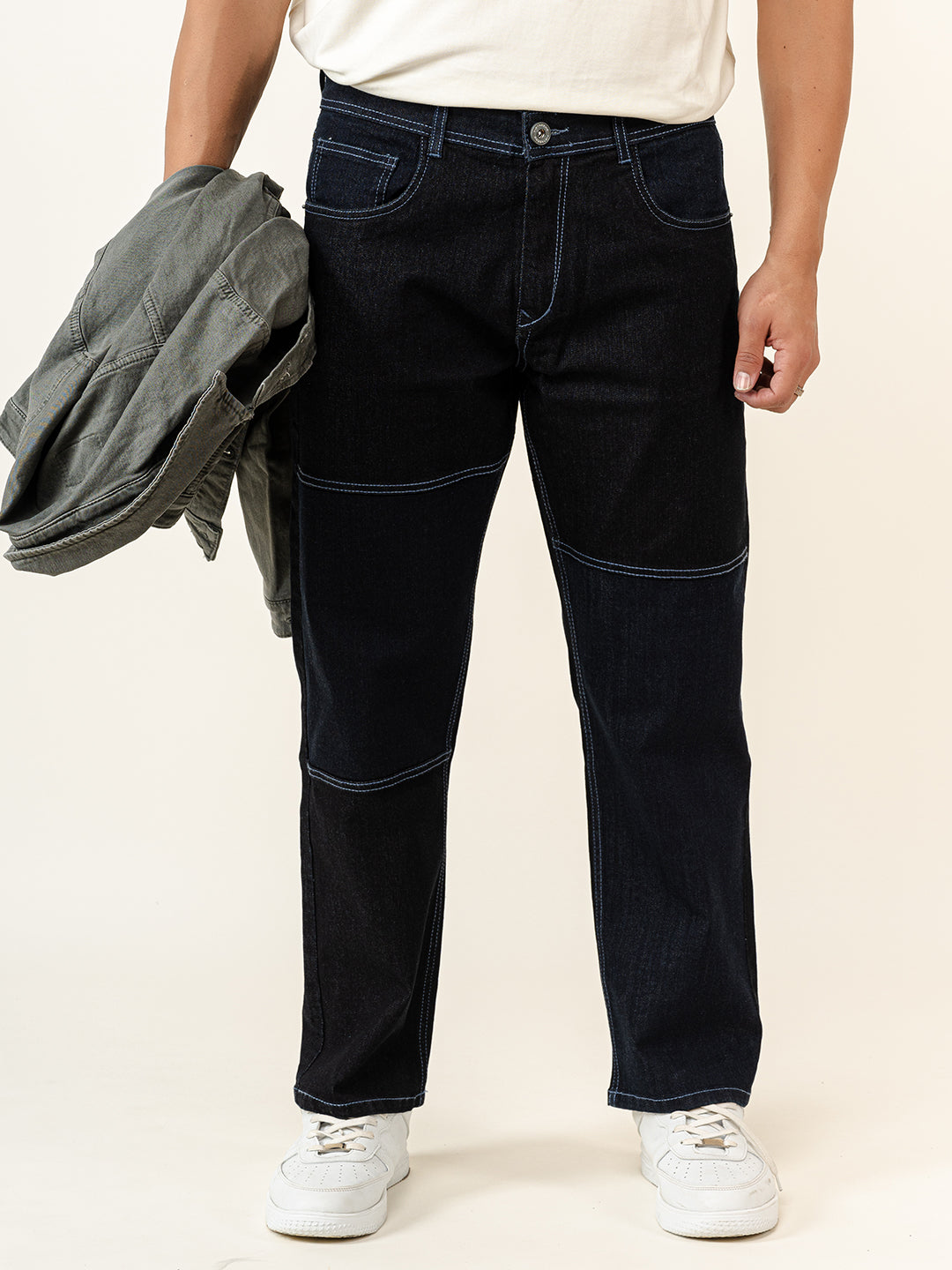 Black Colour Block Straight Fit Denim Jeans