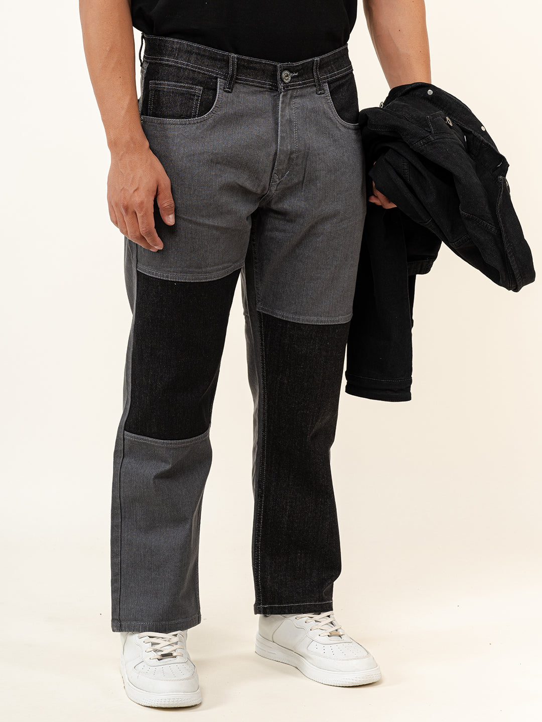 Grey Colour Block Straight Fit Denim Jeans