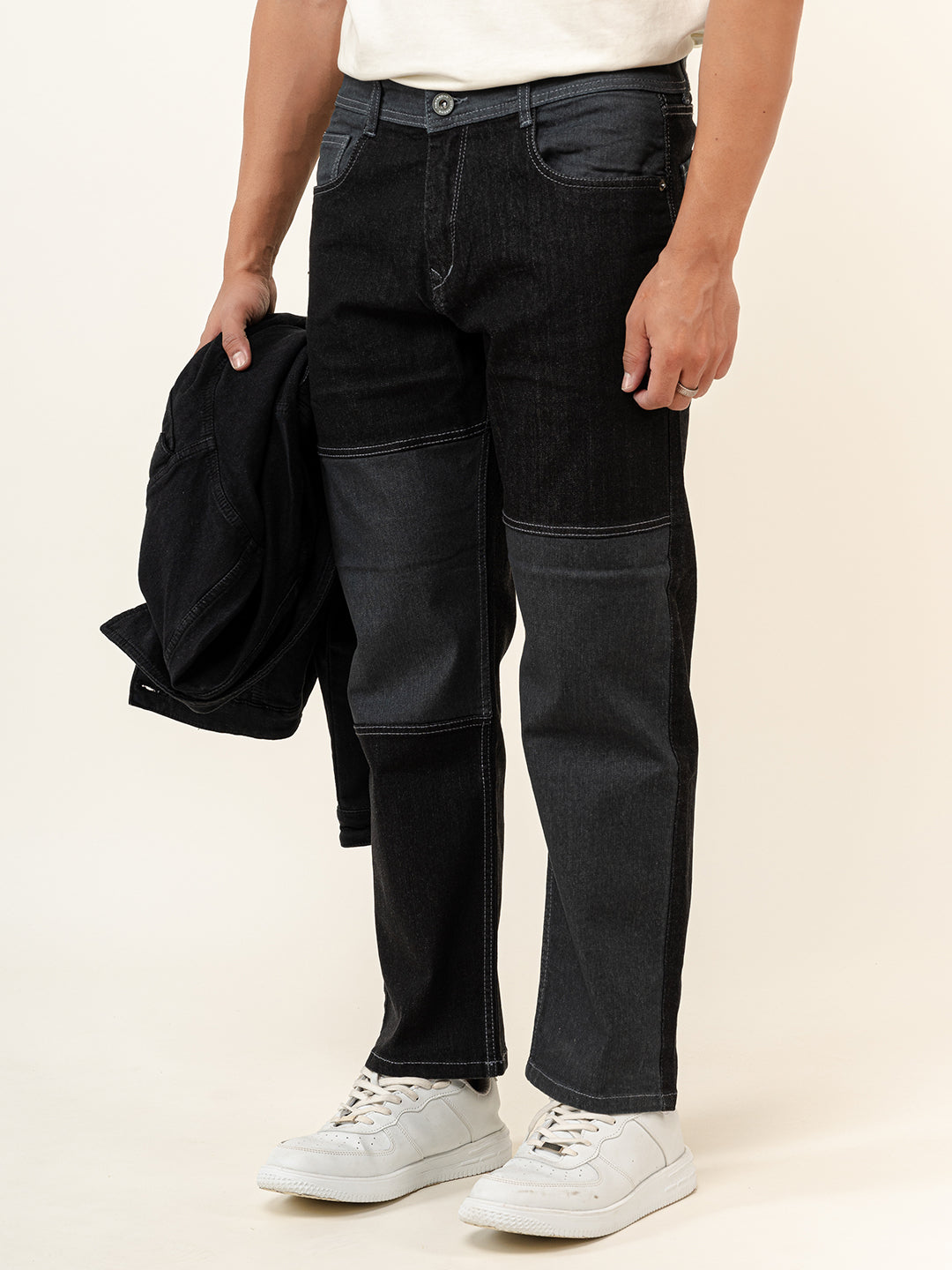 Black Colour Block Straight Fit Denim Jeans