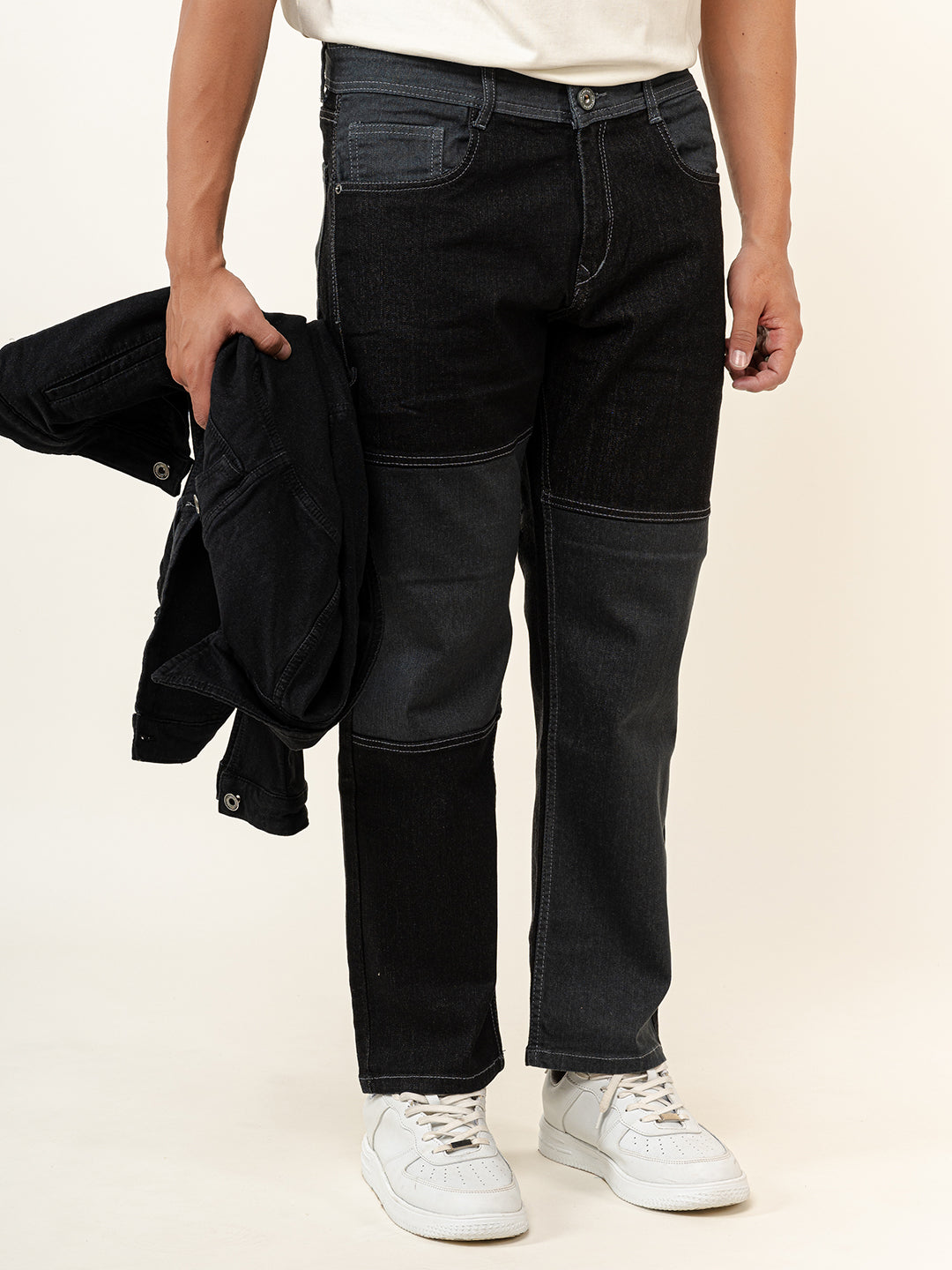 Black Colour Block Straight Fit Denim Jeans