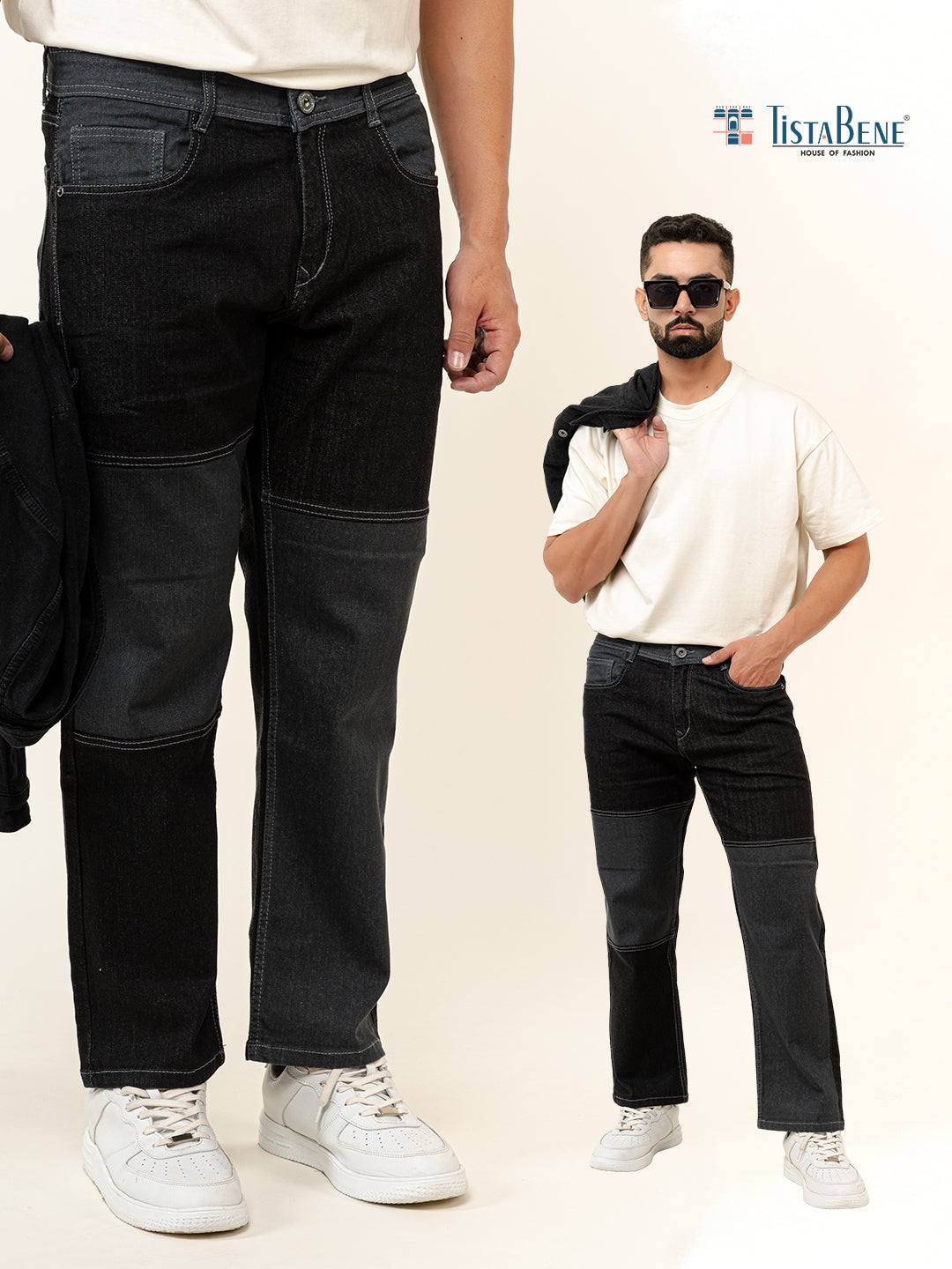 Black Colour Block Straight Fit Denim Jeans