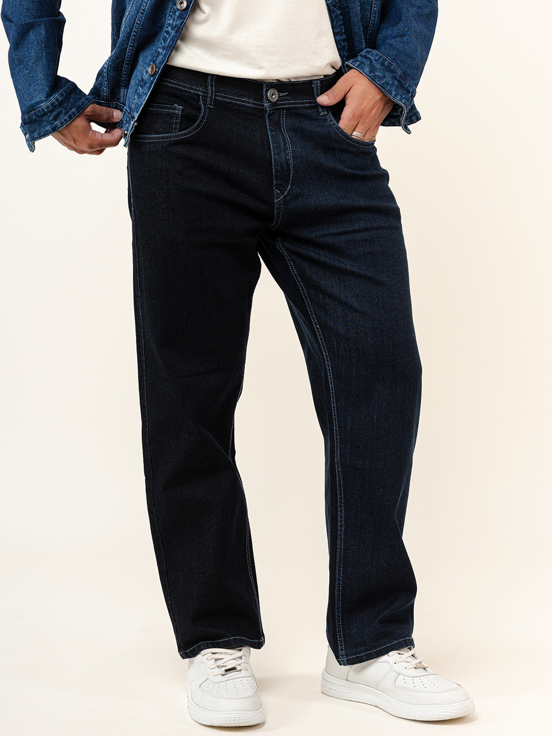 Dark Blue Colour Block Straight Fit Denim Jeans