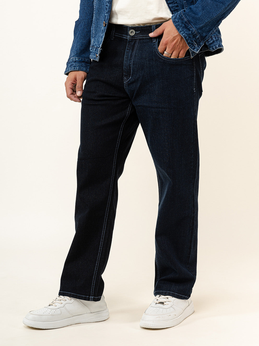 Dark Blue Colour Block Straight Fit Denim Jeans