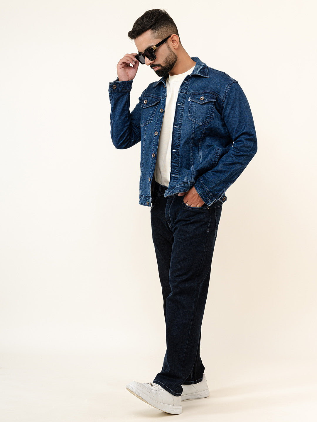 Dark Blue Colour Block Straight Fit Denim Jeans