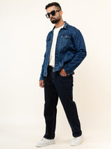 Dark Blue Colour Block Straight Fit Denim Jeans