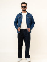 Dark Blue Colour Block Straight Fit Denim Jeans