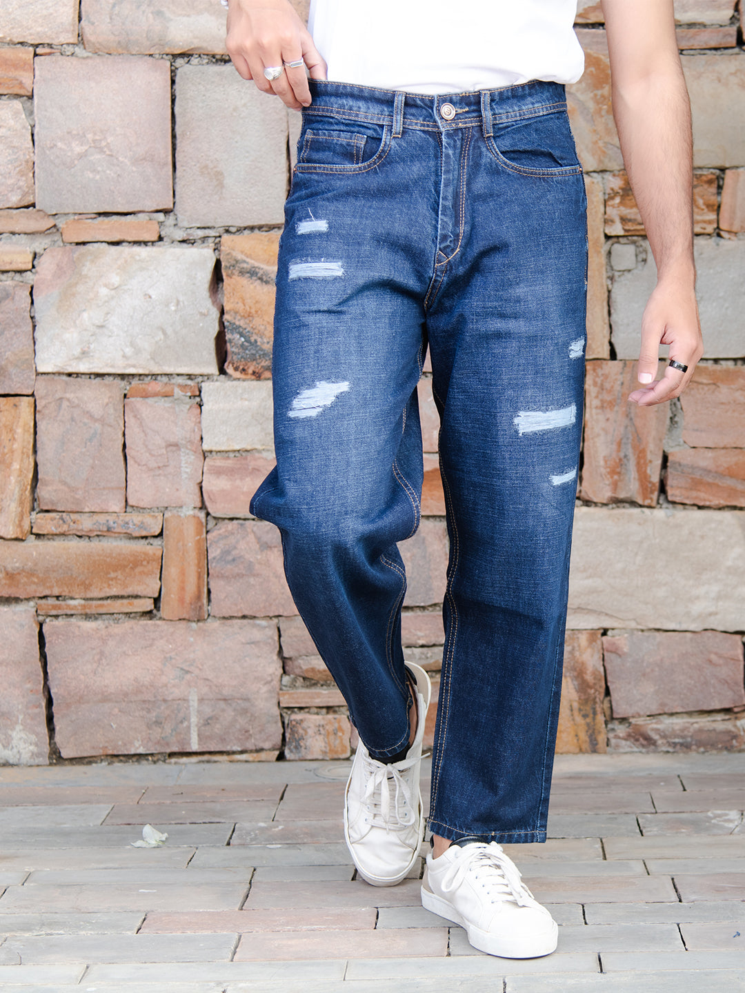 Dark Blue Ripped Baggy Fit Denim Jeans