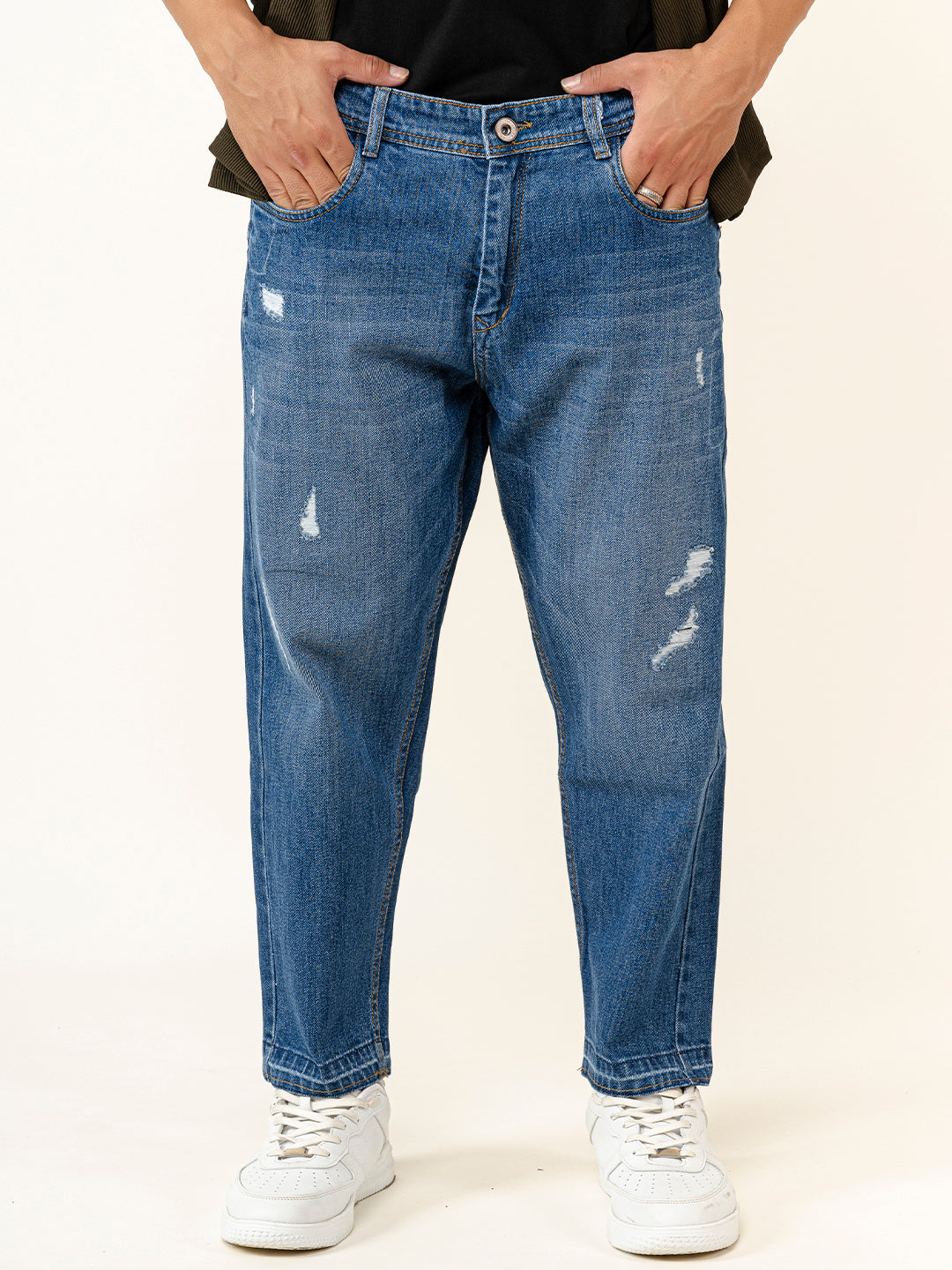 Blue Ripped Cropped Slim Fit Mens Jeans