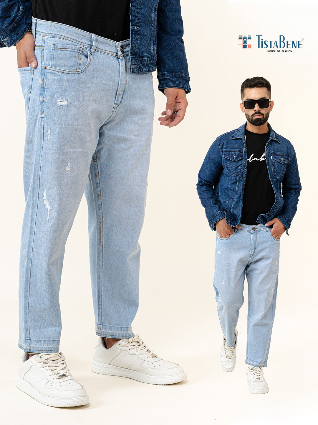 Ice Blue Ripped Cropped Slim Fit Mens Jeans