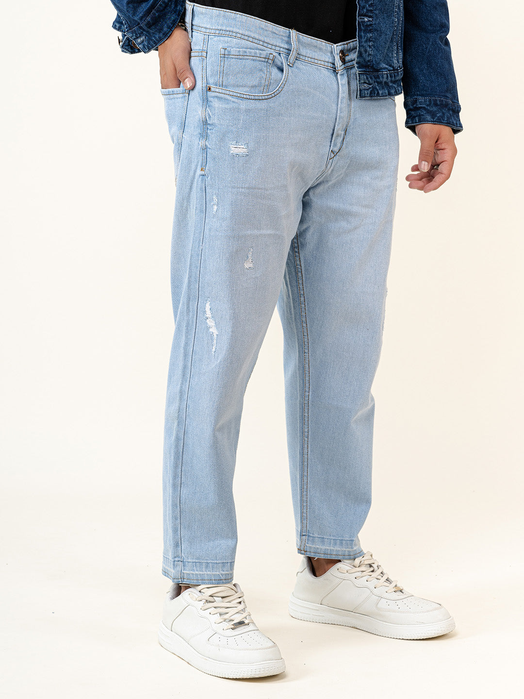 Ice Blue Ripped Cropped Slim Fit Mens Jeans