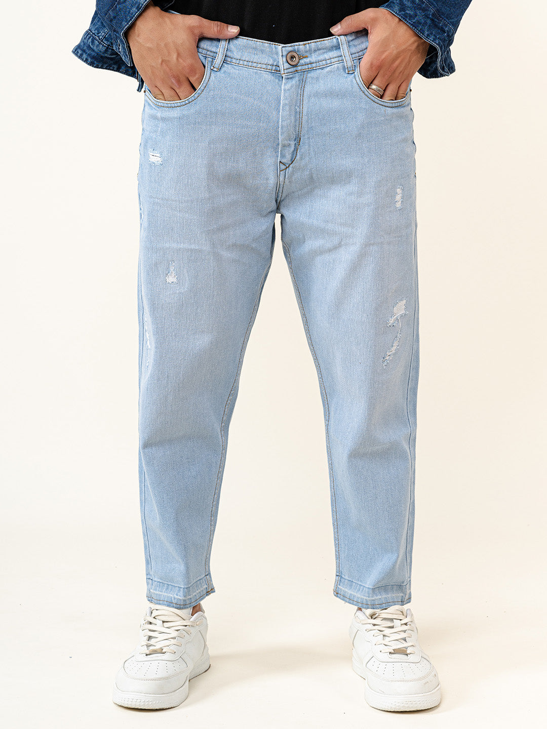 Ice Blue Ripped Cropped Slim Fit Mens Jeans