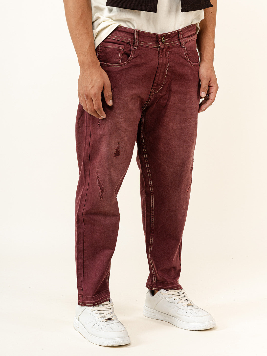 Maroon Ripped Cropped Slim Fit Mens Jeans