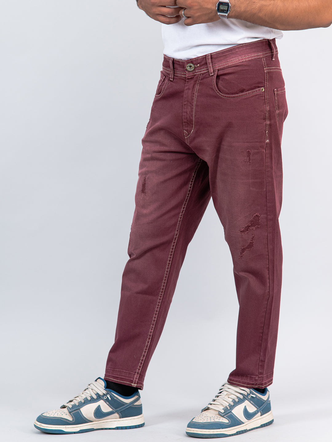 Maroon ripped online jeans