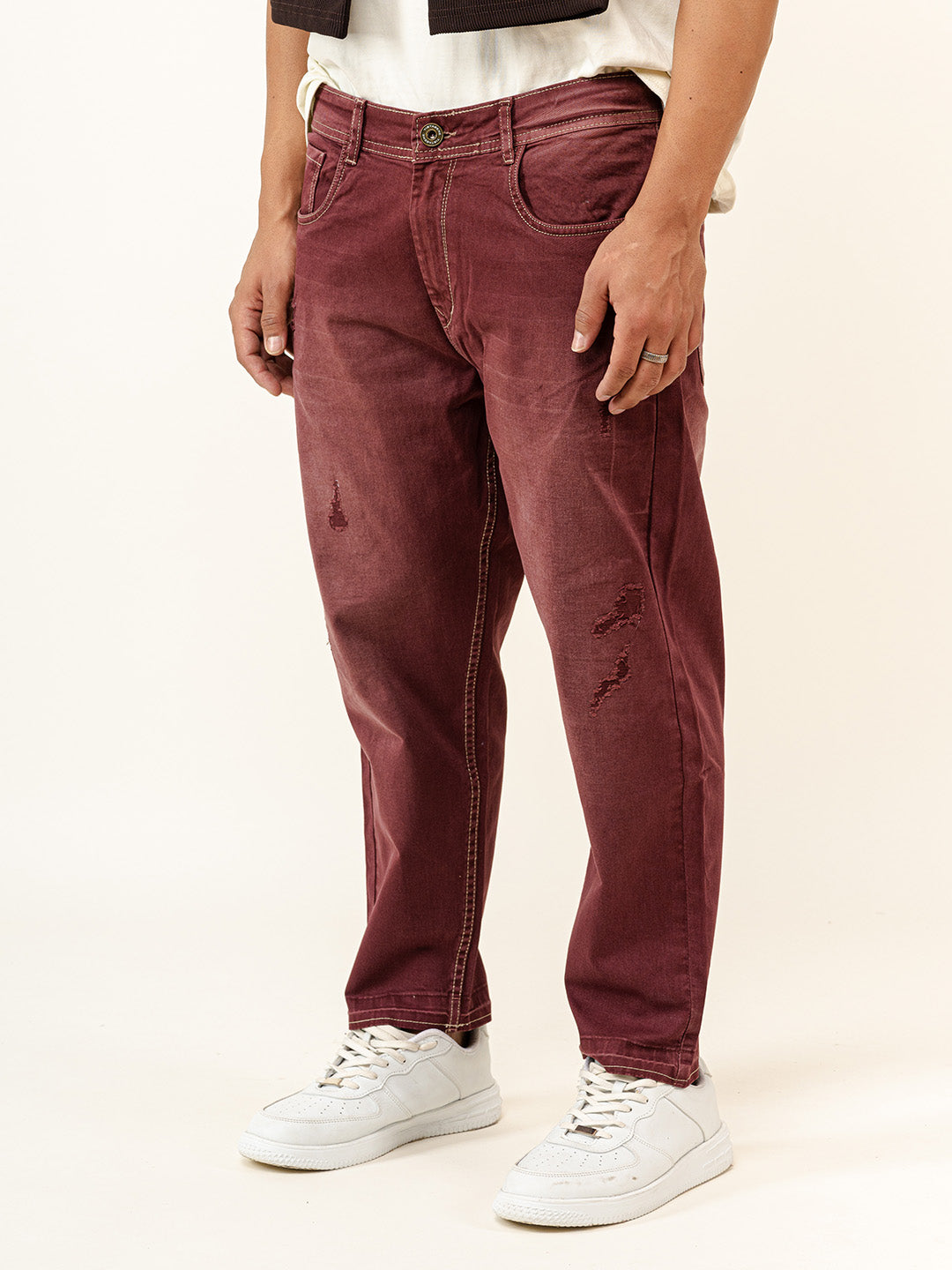 Maroon Ripped Cropped Slim Fit Mens Jeans