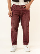 Maroon Ripped Cropped Slim Fit Mens Jeans