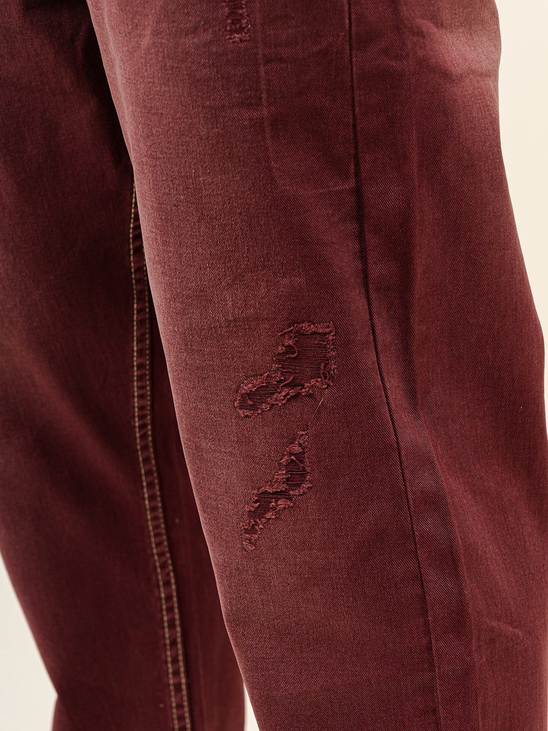 Maroon Ripped Cropped Slim Fit Mens Jeans