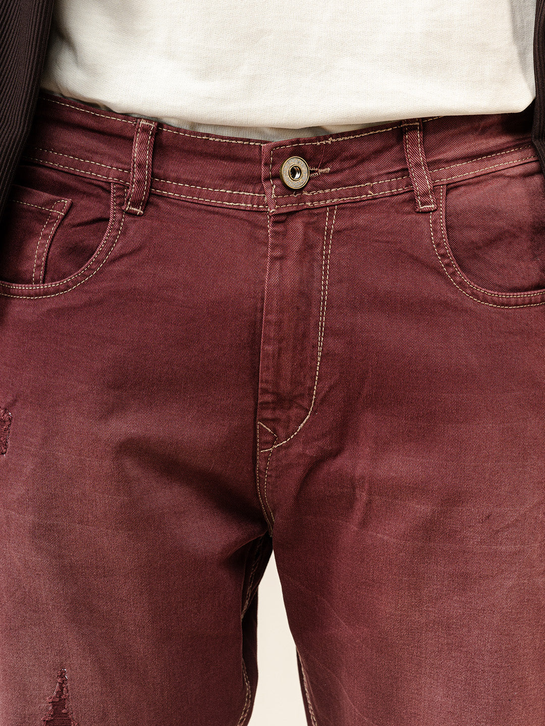 Maroon Ripped Cropped Slim Fit Mens Jeans