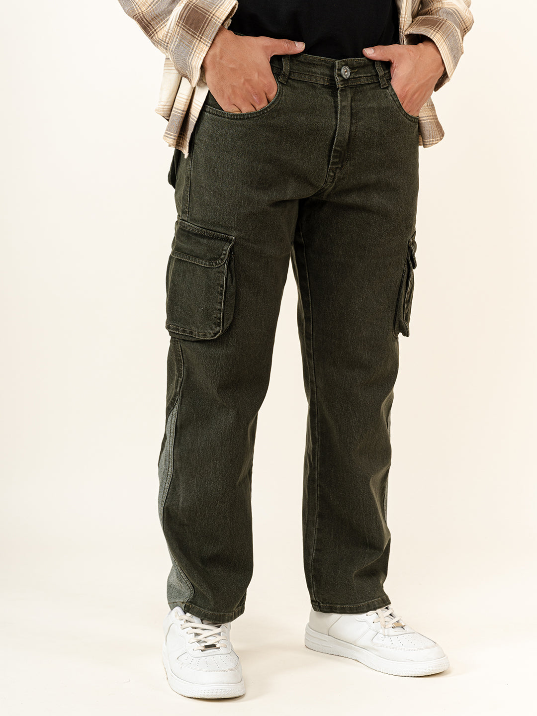 Olive Green Straight Fit Denim Cargo