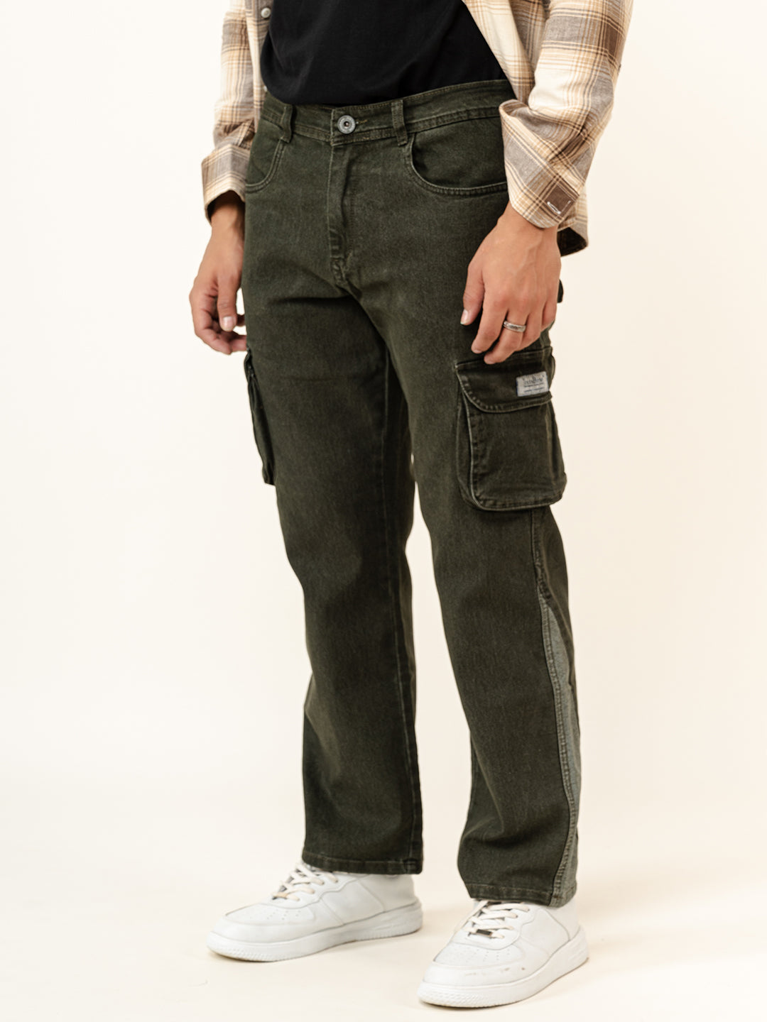 Olive Green Straight Fit Denim Cargo