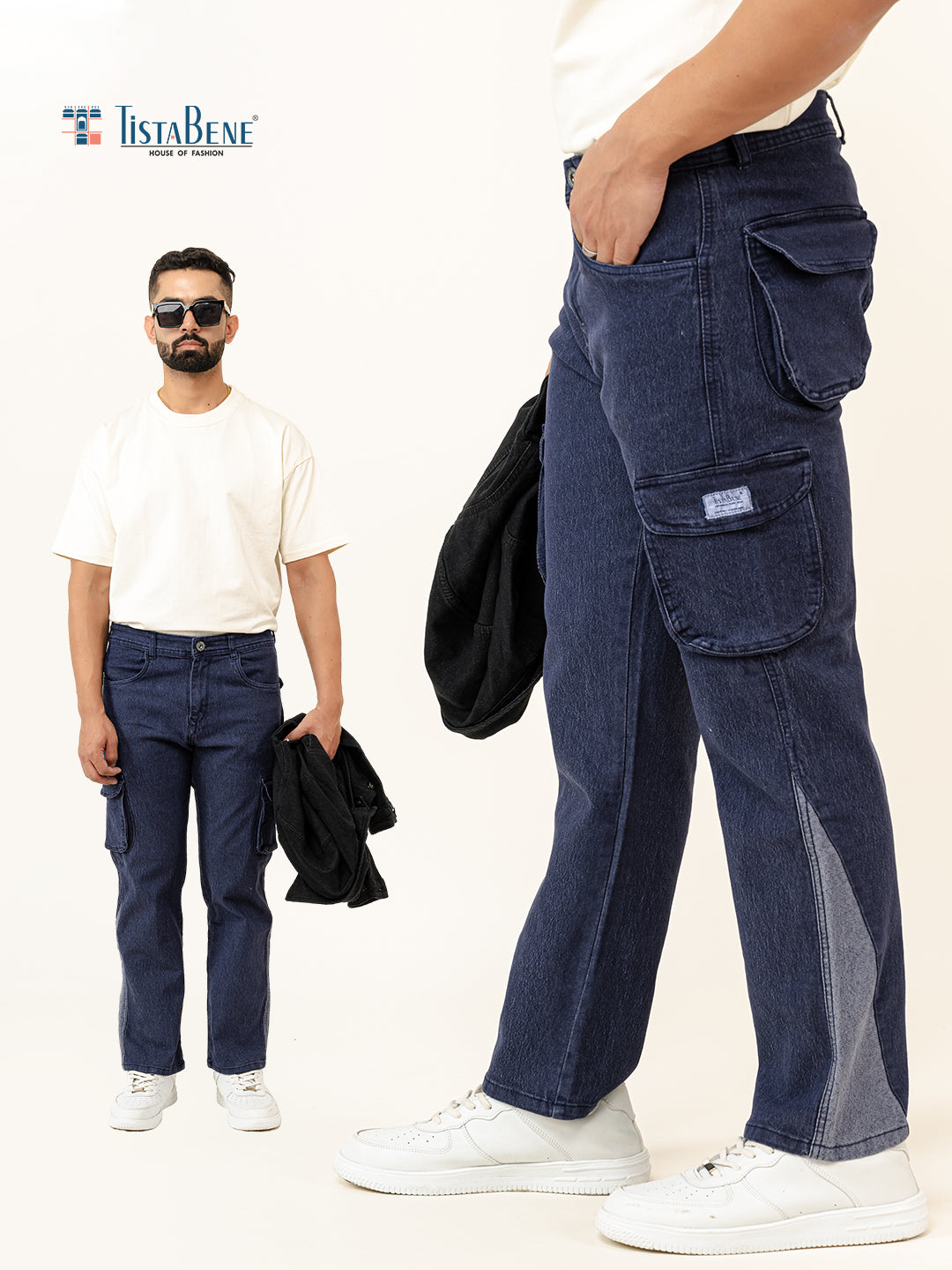 Navy Blue Straight Fit Denim Cargo