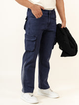 Navy Blue Straight Fit Denim Cargo