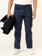 Navy Blue Straight Fit Denim Cargo