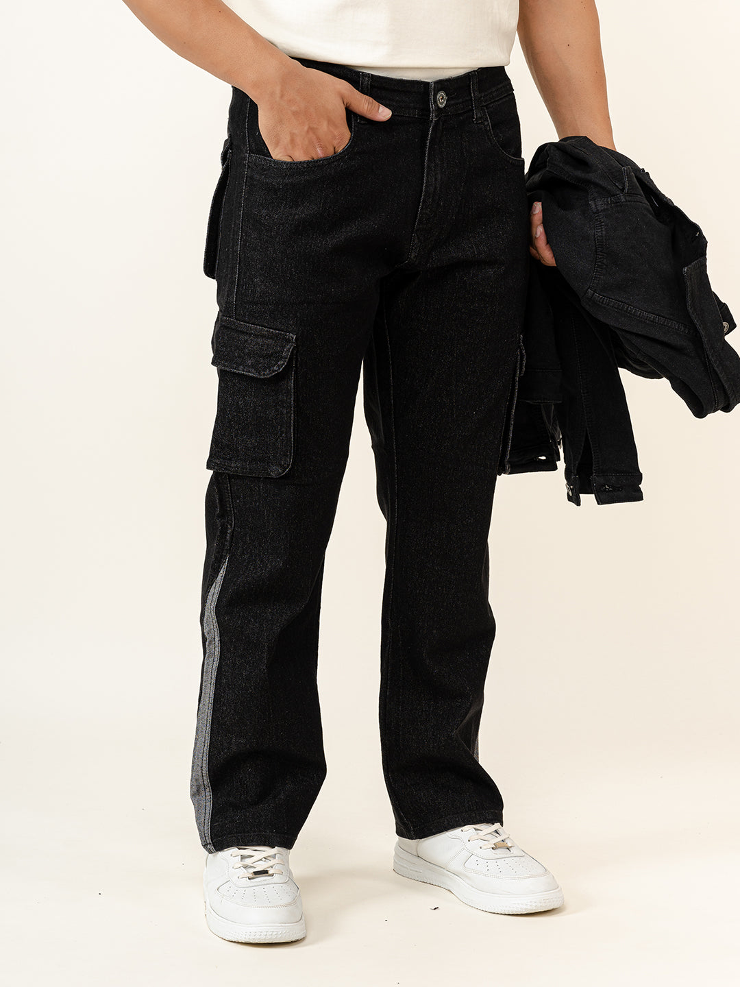 Black Straight Fit Denim Cargo