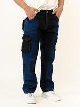 Blue & Black Colour-Block Straight Fit Denim Cargo Jeans