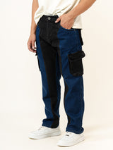 Blue & Black Colour-Block Straight Fit Denim Cargo Jeans