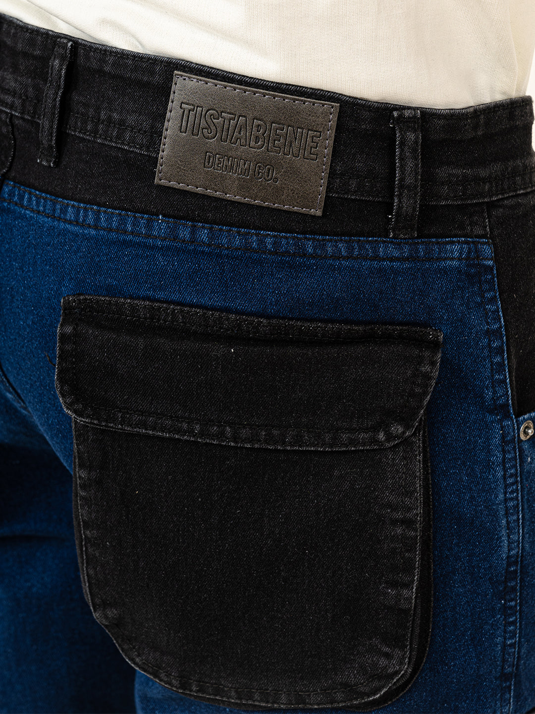 Blue & Black Colour-Block Straight Fit Denim Cargo Jeans