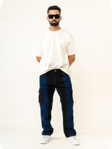 Blue & Black Colour-Block Straight Fit Denim Cargo Jeans