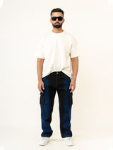 Blue & Black Colour-Block Straight Fit Denim Cargo Jeans