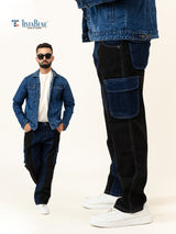 Black & Blue Colour-Block Straight Fit Denim Cargo