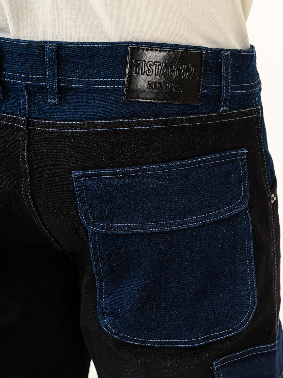 Black & Blue Colour-Block Straight Fit Denim Cargo