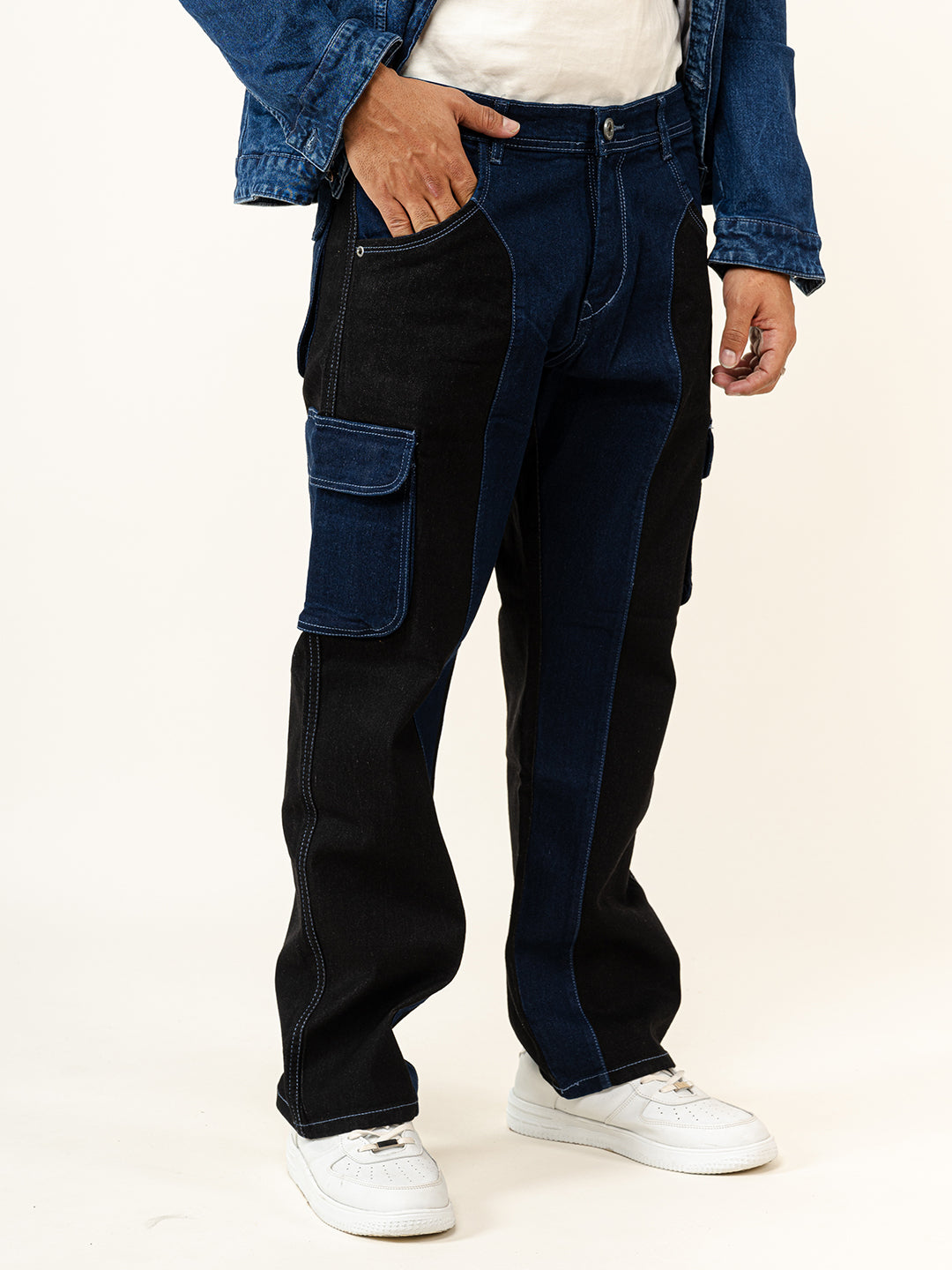 Black & Blue Colour-Block Straight Fit Denim Cargo