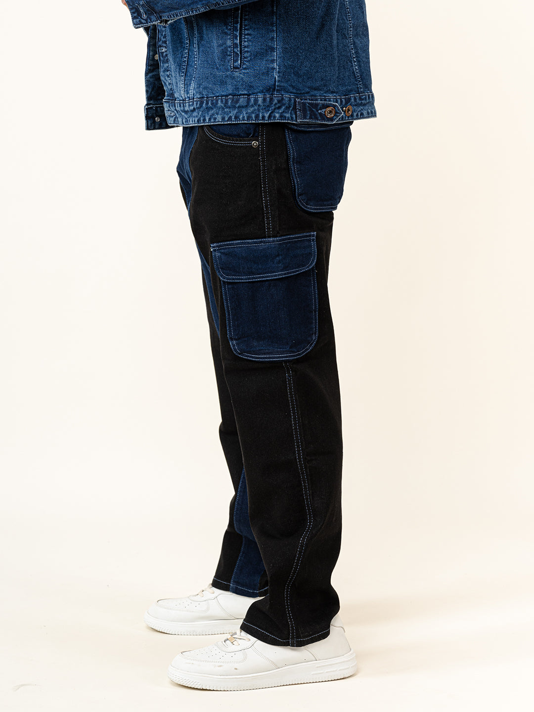 Black & Blue Colour-Block Straight Fit Denim Cargo