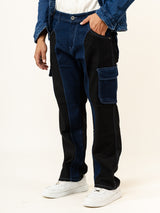 Black & Blue Colour-Block Straight Fit Denim Cargo