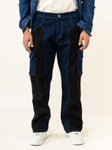 Black & Blue Colour-Block Straight Fit Denim Cargo