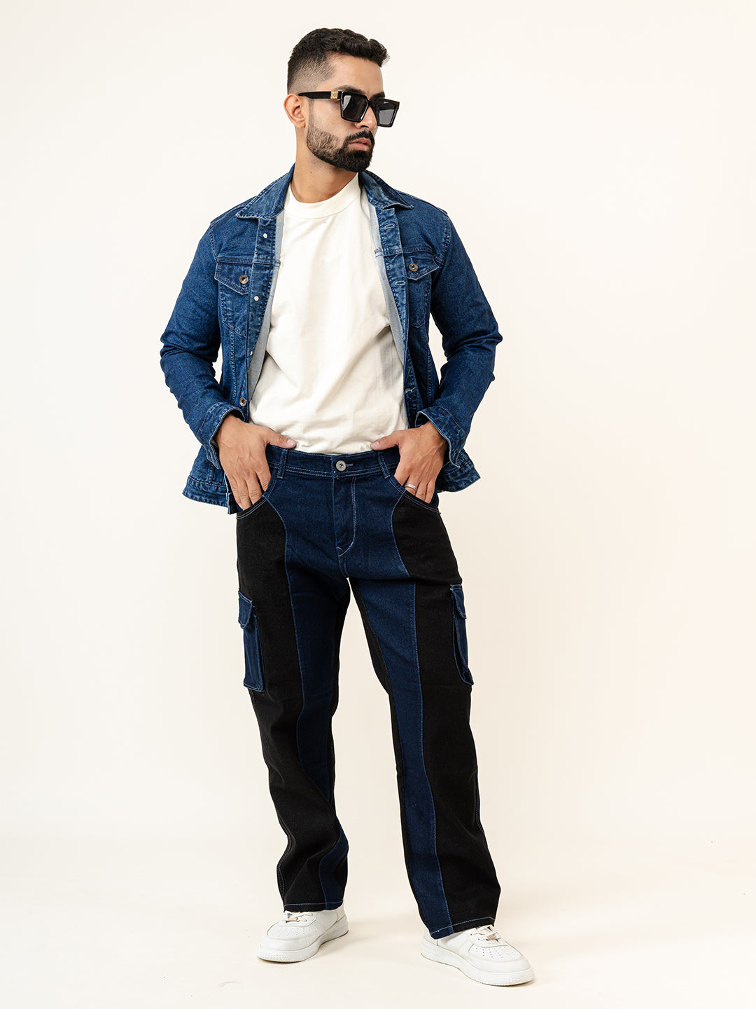 Black & Blue Colour-Block Straight Fit Denim Cargo