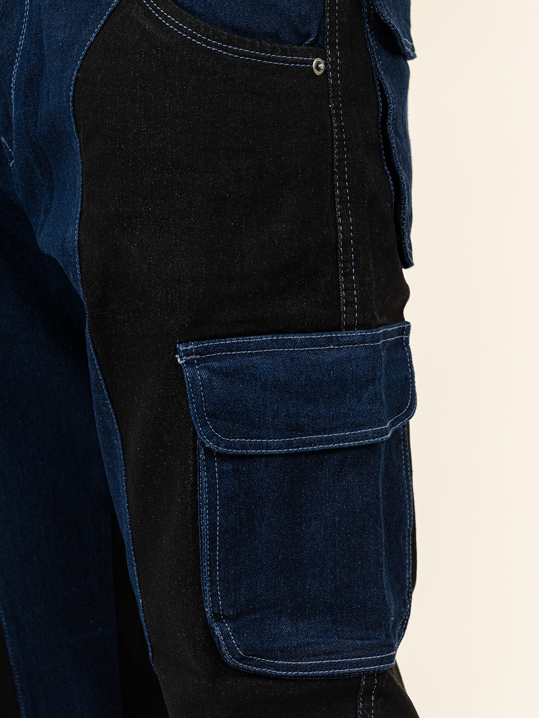 Black & Blue Colour-Block Straight Fit Denim Cargo