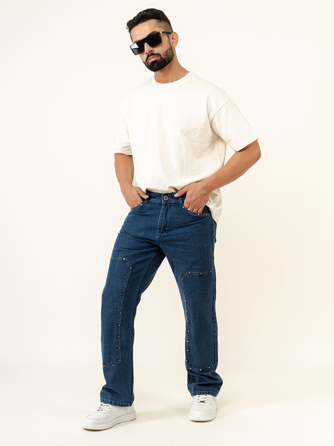 Blue Straight Fit Denim Cargo Men's Jeans