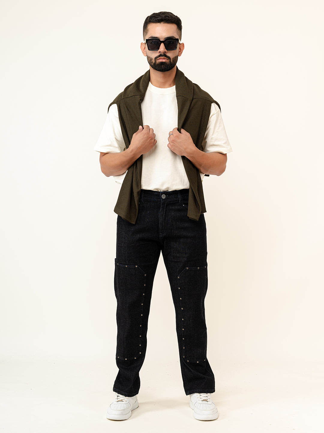 Dark Blue Straight Fit Denim Cargo