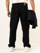 Black Straight Fit Denim Cargo Men's Jeans