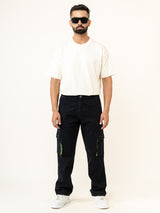 Black Straight Fit Denim Cargo Men's Jeans