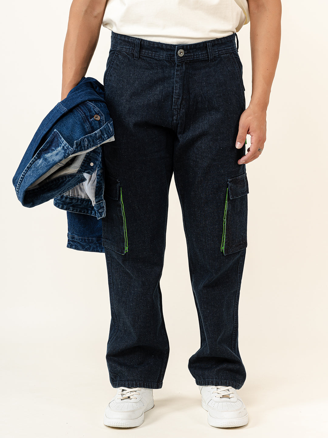 Dark Blue Straight Fit Denim Cargo Men's Jeans