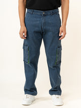 Blue Grey Straight Fit Denim Cargo Men's Jeans