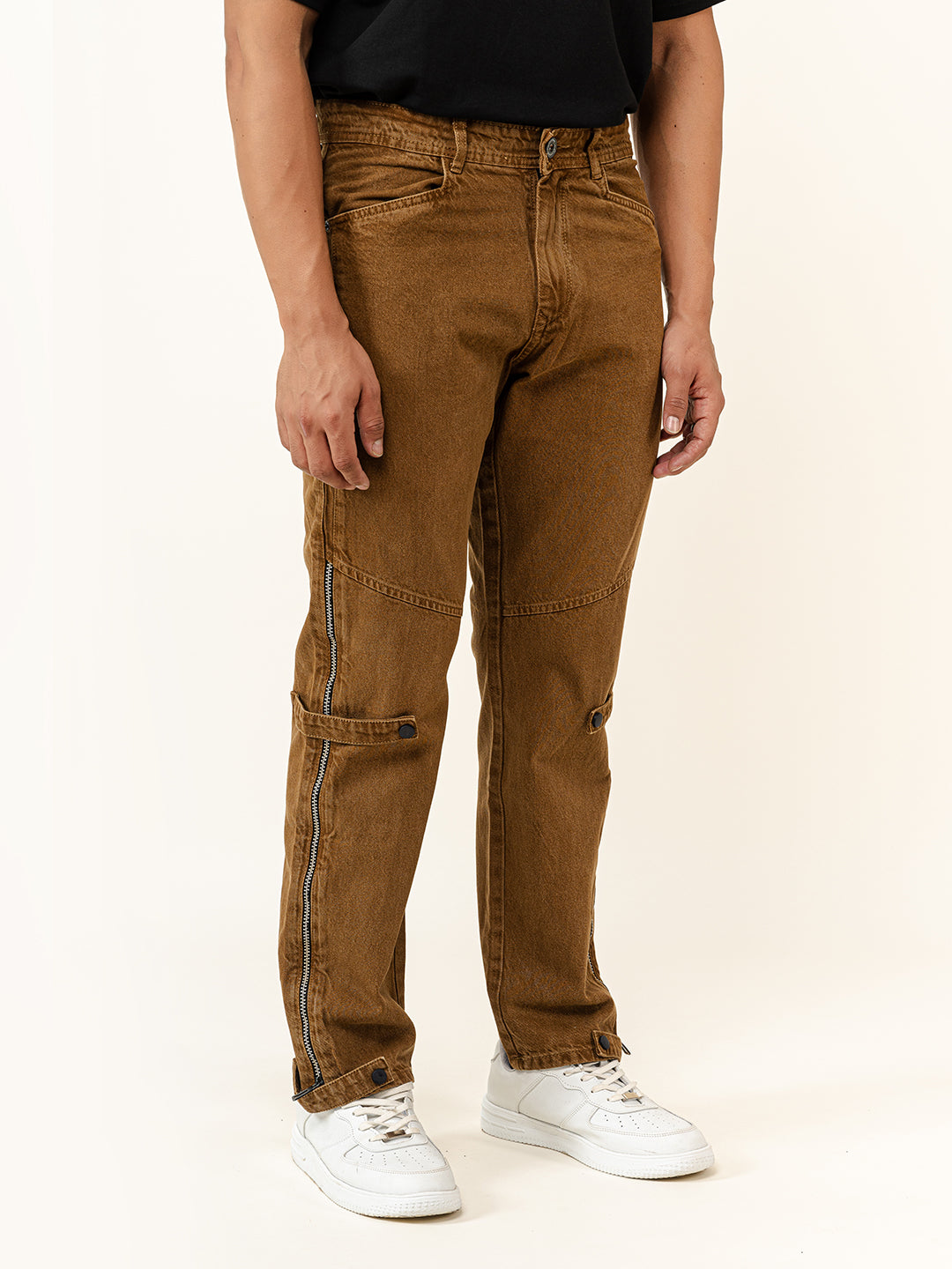 Camel Brown Straight Fit Side Zipper Denim Jeans