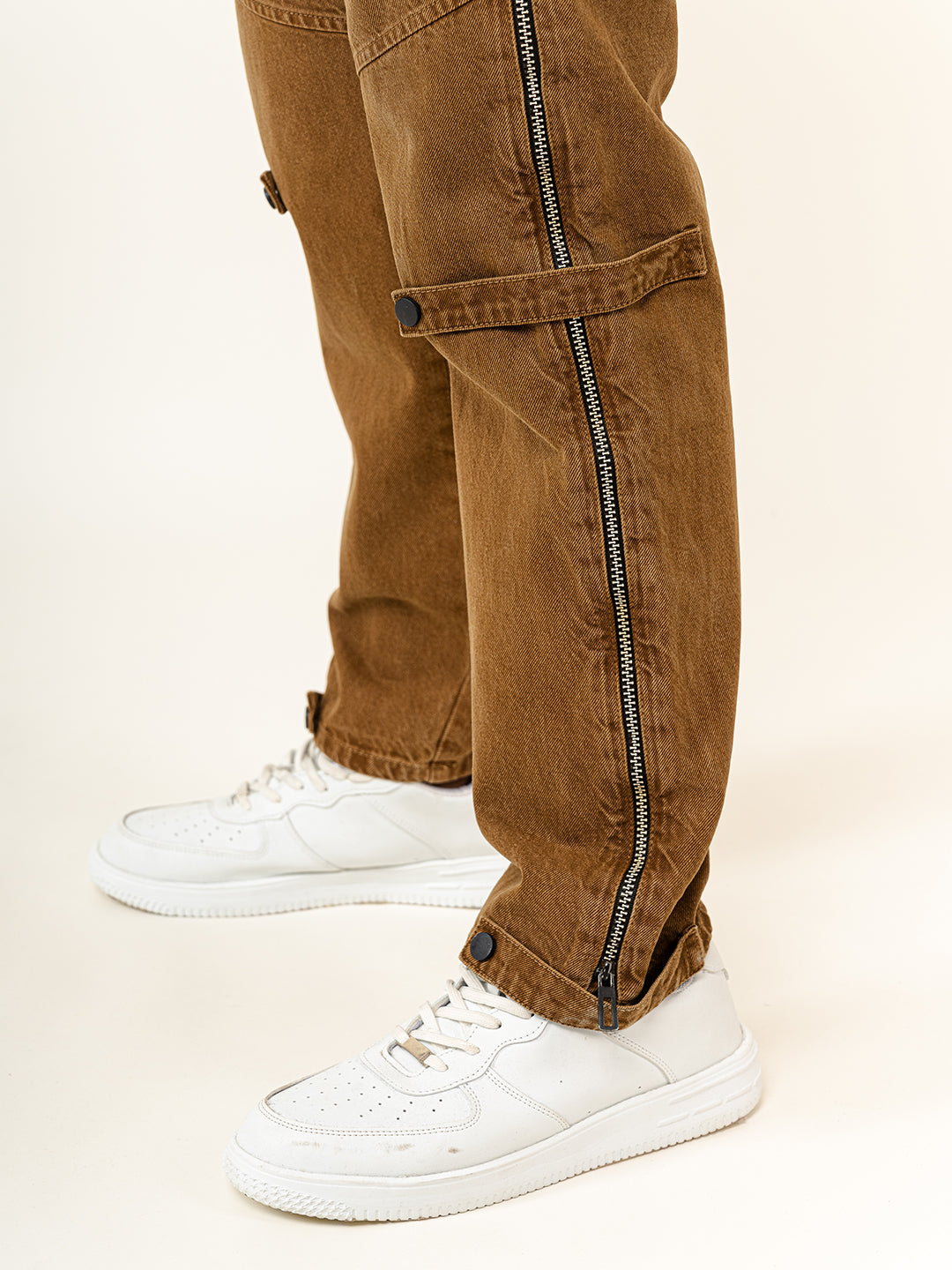 Camel Brown Straight Fit Side Zipper Denim Jeans