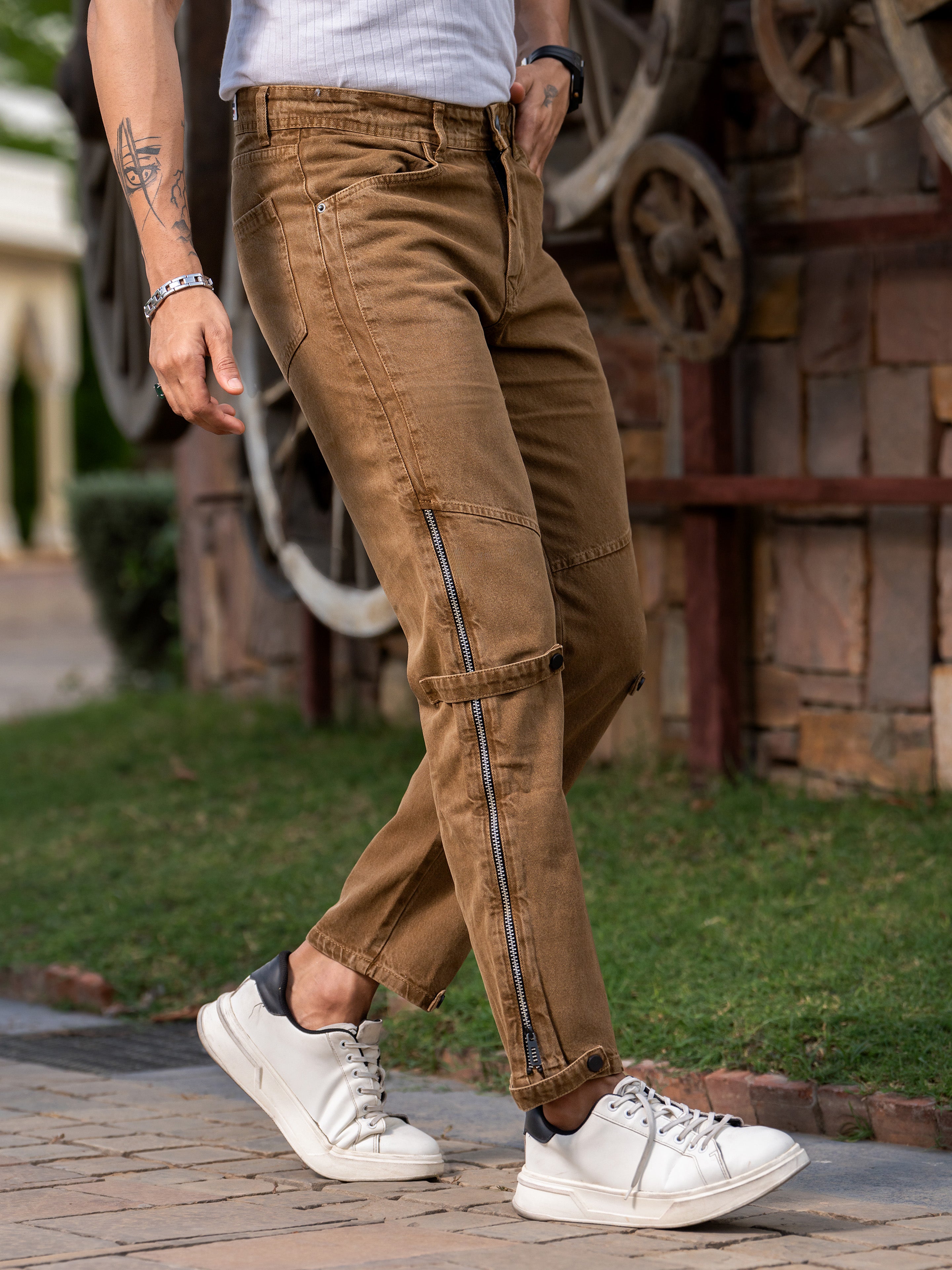Camel Brown Straight Fit Side Zipper Cargo Denim Jeans